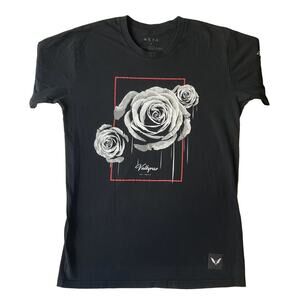 META Men Shirt M Black Floral Roses Graphic Print Logo Short Sleeve